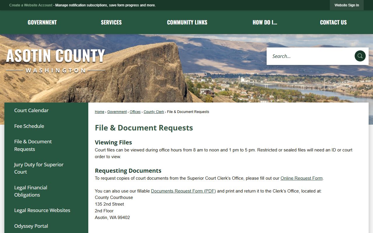 Asotin County civil court records file and document request form
