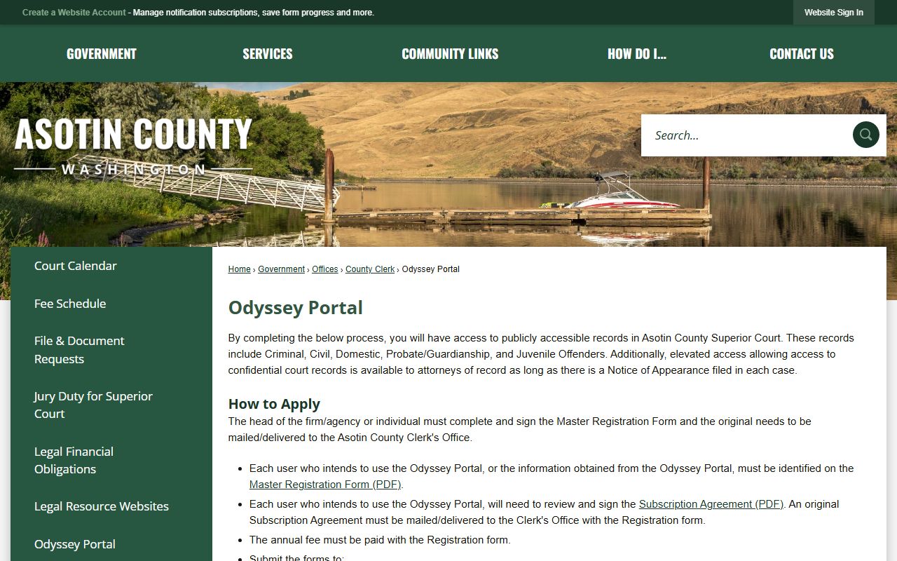 Asotin County civil court records Odyssey Portal registration page