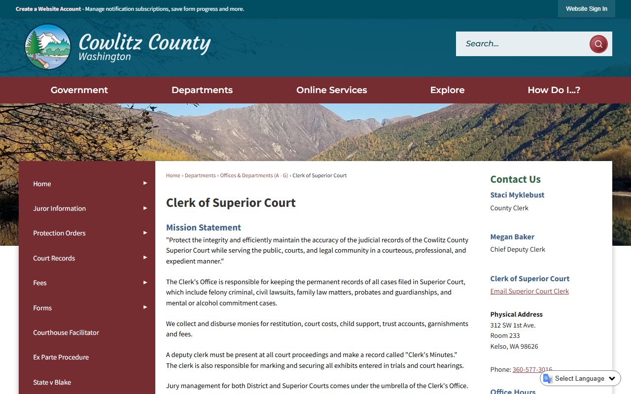 Cowlitz County Clerk civil court records search page