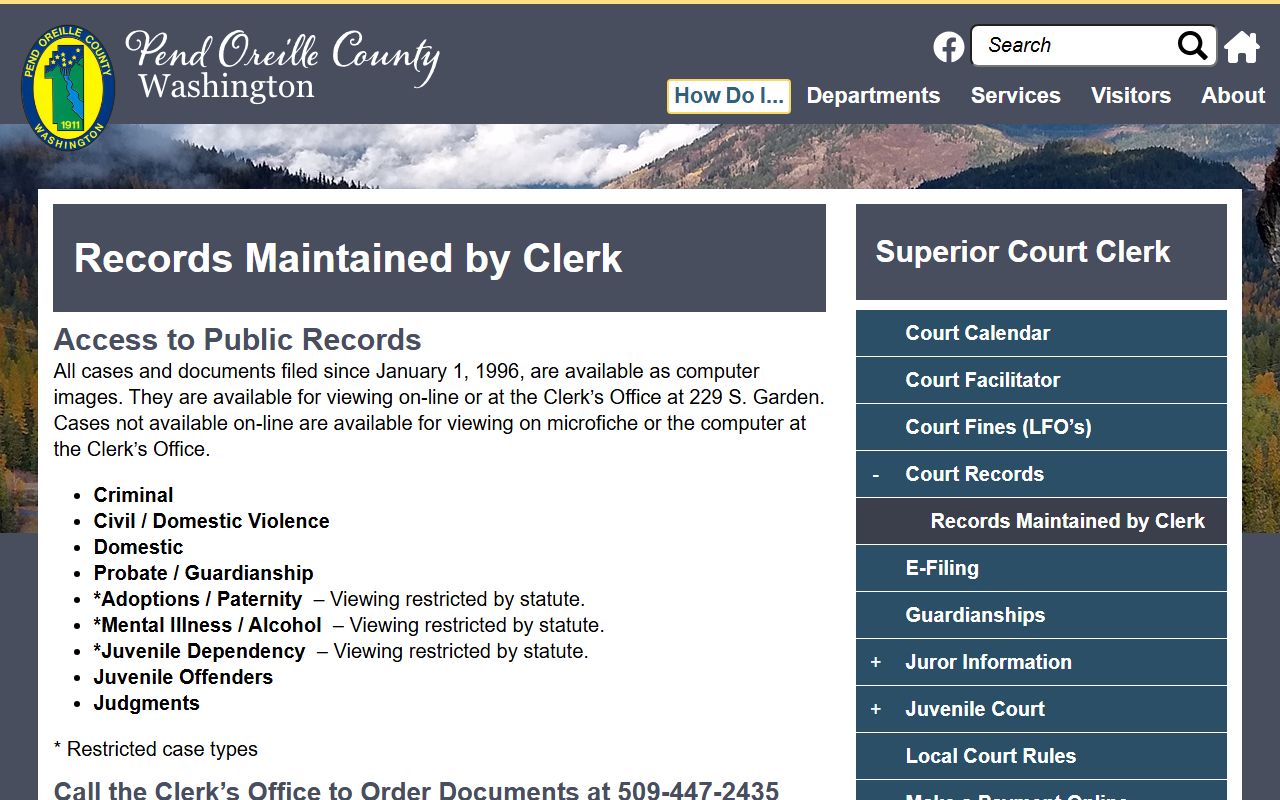 Pend Oreille County civil court records portal screenshot