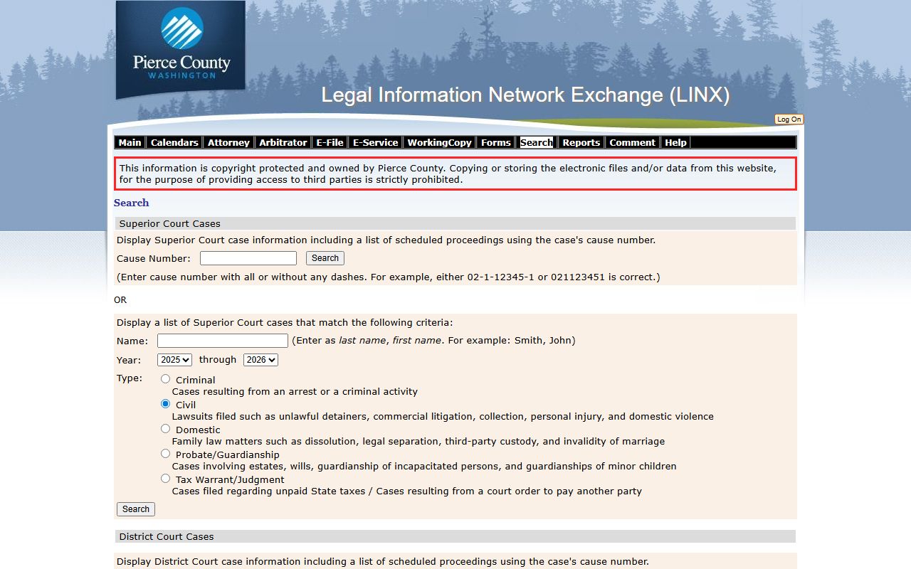 Pierce County LINX civil court records search portal screenshot