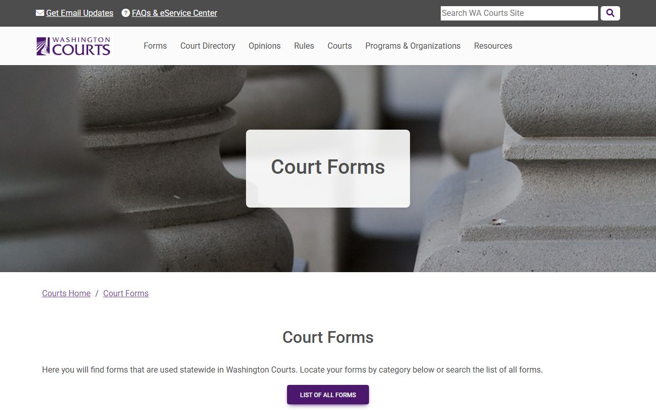 Washington State Courts forms page for civil court filings and civil court records