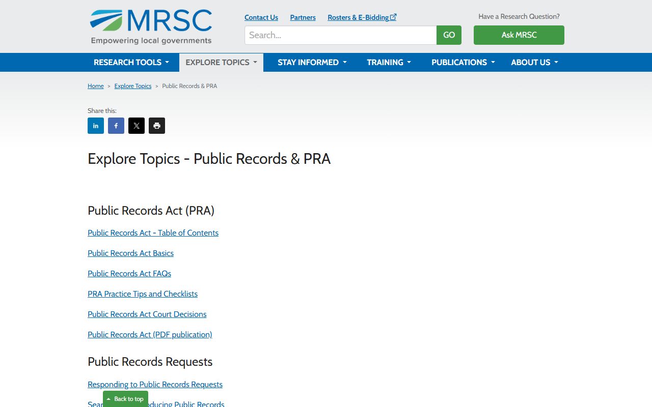 MRSC Municipal Research and Services Center guide on Washington public records and civil court records