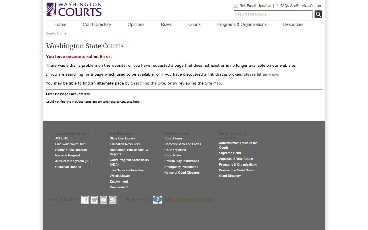 Washington State Courts records request page for civil court documents