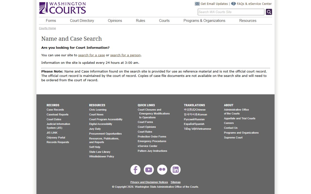 Washington State Courts civil court records case search portal